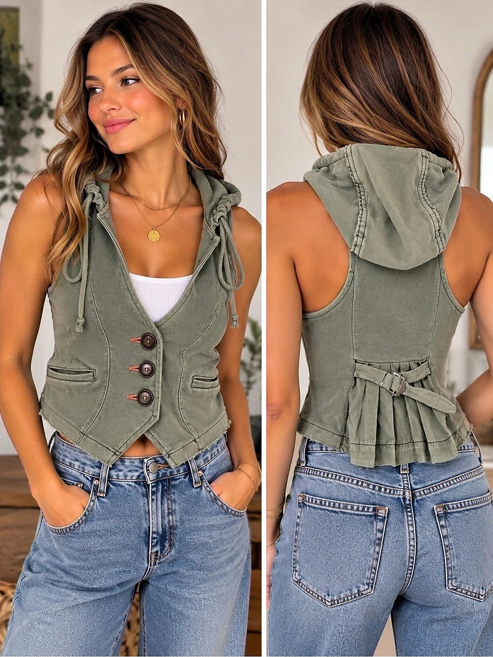 Free People Hooded Cotton Vest in Green Size XS NWT absolutely adorable!💚🤎